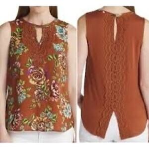 Danielle Rainn Quinn Keyhole Crochet Burnt Orange Floral Sleeveless Top - XXL